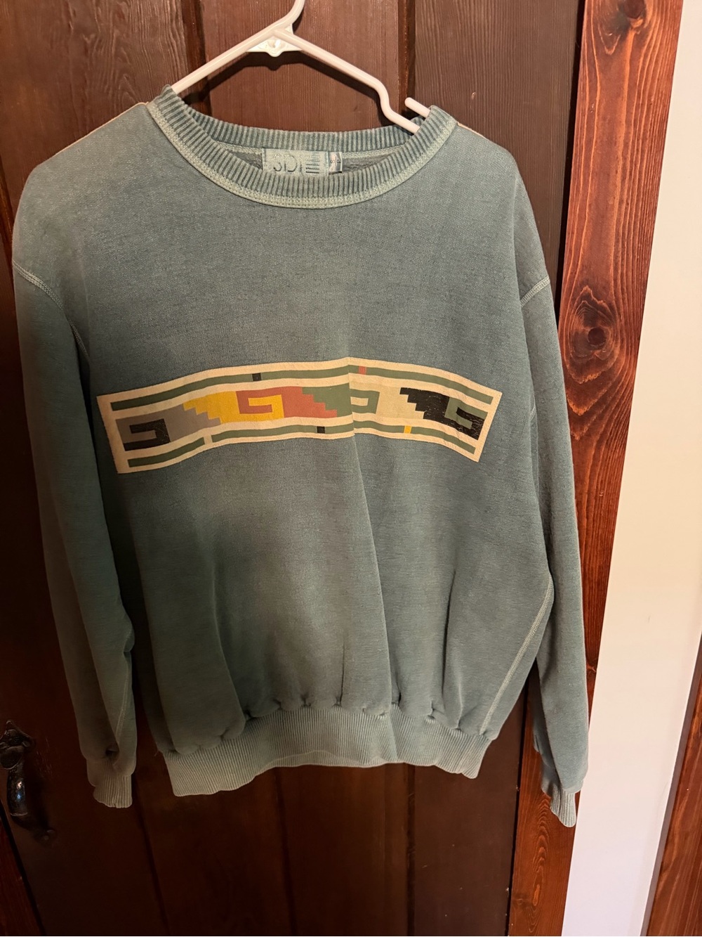 Vintage Teal Graphic Pullover Sweatshirt with Southwestern Stripe